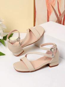 1 Pair Summer New Girls' Fashion Roman High Heel Sandals, Diagonal Strap Decor Personalized Elegant Dignified Elegant, Girls' High Heel Dance Shoes, Student Performance Daily Activity Sandals - Apricot - View 7