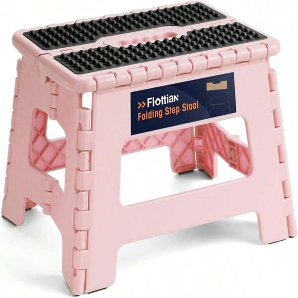 Flottian 9&#34; Folding Step Stool For Adults And Kids Holds Up To 300 Lbs,Non-Slip Folding Stools With Portable Handle, Compact Plastic Foldable Step Stool For Bathroom,Bedroom, Kitchen Sakura Pink