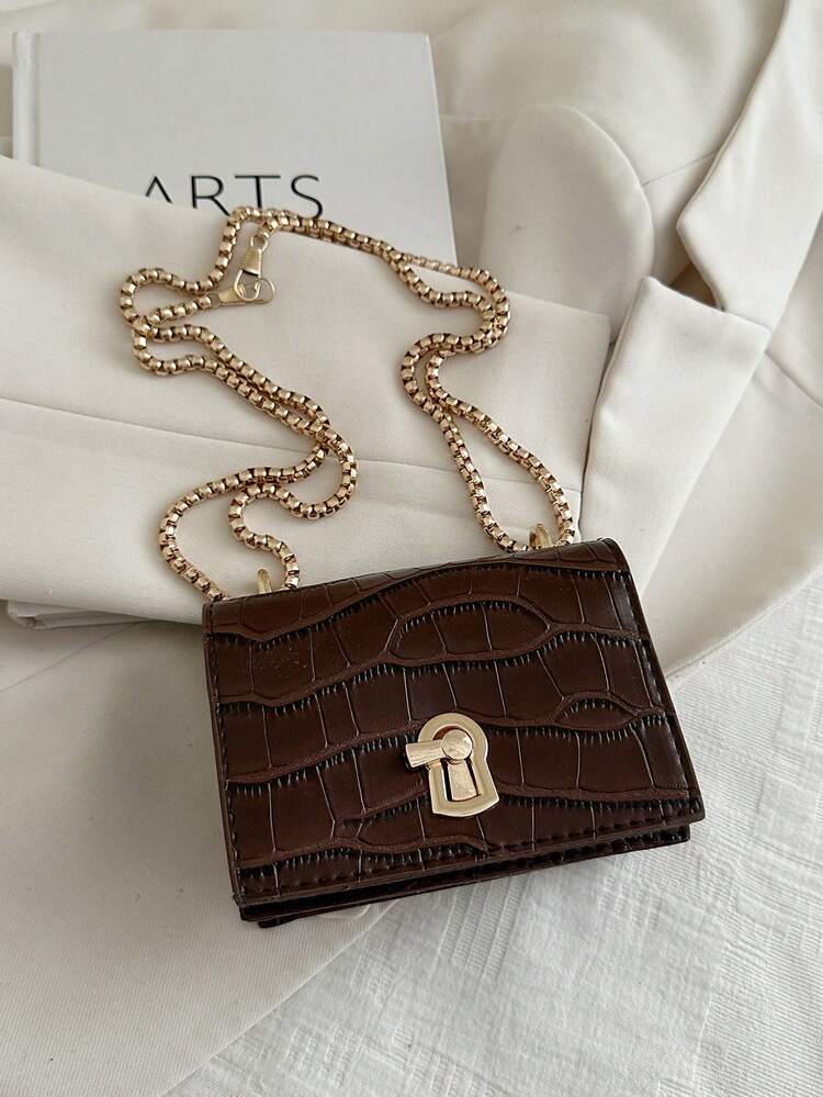 Bolso de hombro minimalista con cadena de pestillo mini - Marrón - Añade 3