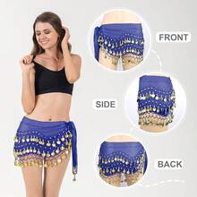 Chiffon Belly Dance Hip Scarf With 128 Coins For Yoga Class - 皇家藍 - 查看 8