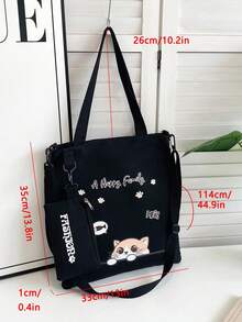 卡通印花帆布手提包，适合学生，单肩包，斜挎包，多功能大容量书包 - 黑色 - 查看 8