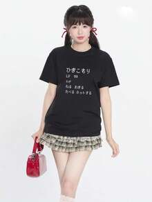 100% Cotton Women's T-Shirt Short Sleeve Summer 200g Fashion Print Casual Sports Outdoor Comfortable Breathable - 黑色 - 查看 1