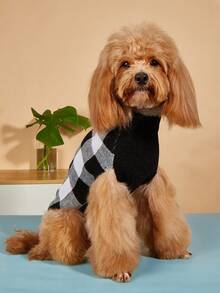 1pc Autumn/Winter Warm Versatile Lazy High Elasticity Comfortable Sleeveless Knit Woolen Colorblock Retro Plaid Pullover Pet Sweater - Black and White - View 4