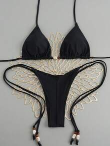 女士休闲系带细肩带比基尼套装，露背上衣和系带下装，饰有串珠，适合度假沙滩穿着，黑色夏季款 - 黑色 - 查看 2