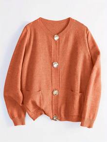 ii Casual Loose Metal Button Knit Cardigan - Orange - View 4
