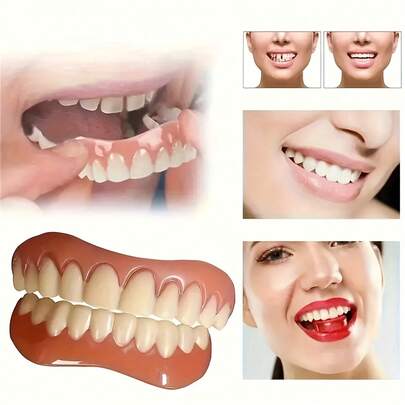 2pcs (Upper And Lower Teeth Set Dentures For Men And Women Silicone Simulation False Teeth Smile Teeth Stickers Whitening Wormy Teeth Covering Gaps Between Teeth Holiday Gift Xt1813