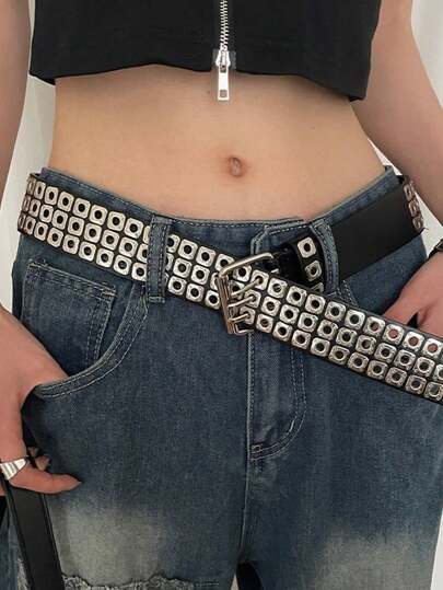哥特暗黑西部男士加大码三排铆钉仿皮腰带，朋克Y2K方形铆钉镂空设计，派对舞会必备，热门！休闲、商务、男友、丈夫、父亲、男士礼物、日常穿着、时尚、青少年、户外、度假、运动、旅行、街头、波西米亚风、复古秋季、万圣节秋冬配饰，适合青少年、青年、男士、休闲、户外、运动、度假、毕业礼物、生日、日常穿着