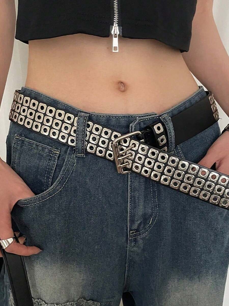哥特暗黑西部男士加大码三排铆钉仿皮腰带，朋克Y2K方形铆钉镂空设计，派对舞会必备，热门！休闲、商务、男友、丈夫、父亲、男士礼物、日常穿着、时尚、青少年、户外、度假、运动、旅行、街头、波西米亚风、复古秋季、万圣节秋冬配饰，适合青少年、青年、男士、休闲、户外、运动、度假、毕业礼物、生日、日常穿着 - 黑色 - 查看 1