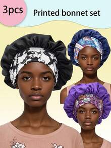 Set de 3 gorros de satén ajustables y cómodos, con diseño holgado y elástico, para mayor confort durante el sueño - 3 piezas negro + morado + azul marino (SM13+15+11) - Ver 2