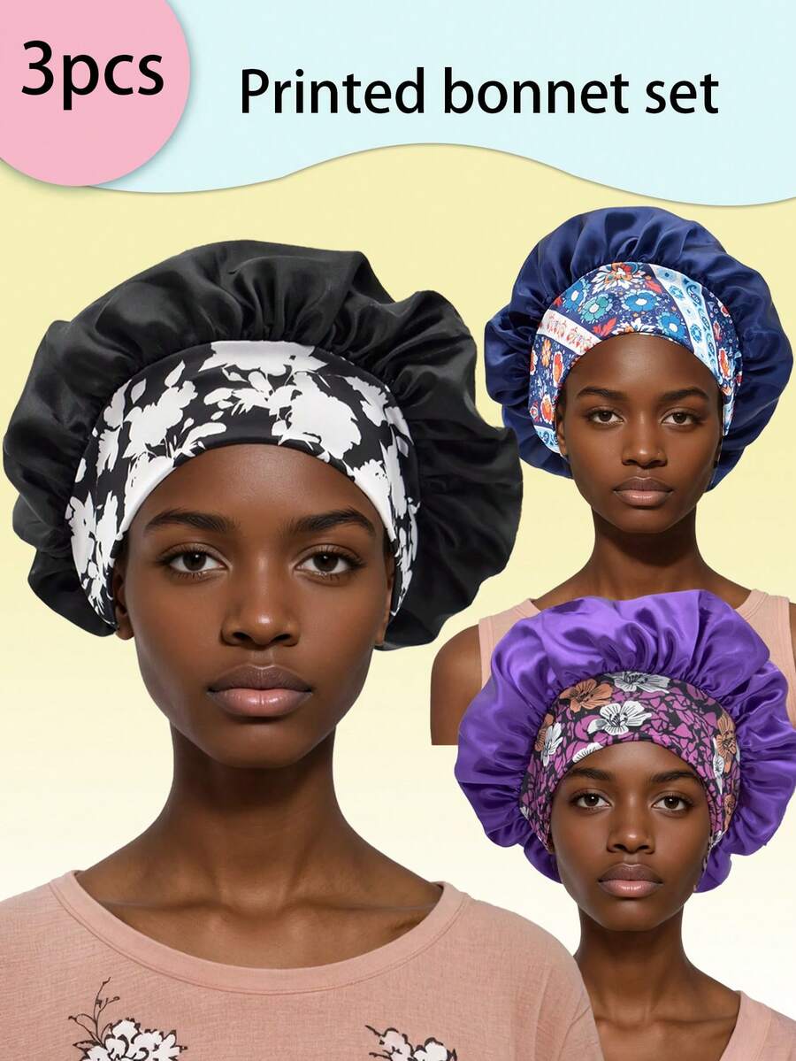 Set de 3 gorros de satén ajustables y cómodos, con diseño holgado y elástico, para mayor confort durante el sueño