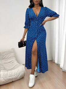 Elegante Vintage de la Mujer de puntos impresos con cuello en V Botón de Split Vestidos,Falda larga estampada de media manga - Azul - Ver 5