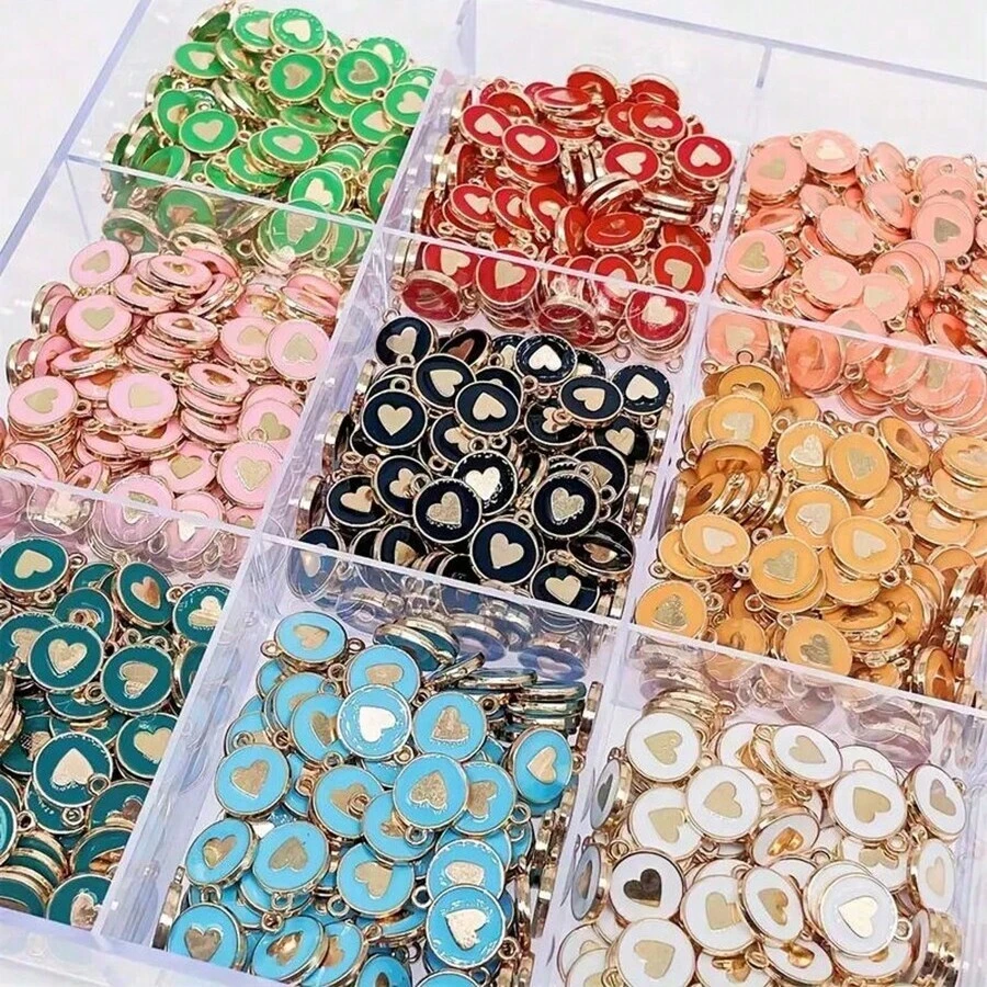 50pcs Assorted Double-Sided Oil Dripping Heart-Shaped Alloy Round Charms, Suitable For Women's Necklace, Earrings, Hair Accessories, Pendant DIY, Heart-Shaped Jewelry, Couples Pendant, Gift For Friends Holiday - Multicolor - View 1