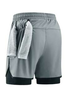 1 件男士休闲运动户外跑步短裤，内衬短裤，二合一训练健身短裤，薄丝面料运动服，适合球类运动，夏季 - 淺灰色 - 查看 4