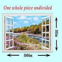 Window Wall Mural Sticker -Grassland, Snowy Mountains, Blue And White CloudsFaux Window Wall Mural Wall Decal, Stick And Peel Wall Decor,50x35