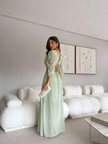 Women's Chiffon Dress With V-Neck, Lining, Rings And Lace-Up Back - 薄荷綠 - 查看 3