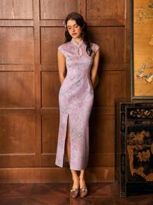 Oriental Charm Qipao New Chinese Cheongsam Dress Spring Summer ,Sleeveless Mandarin Collar With Neckline Cutout, Pearl Button Embellishment, Jacquard Fabric Side Slit Skirt For Spring/Summer Elegant Occasions