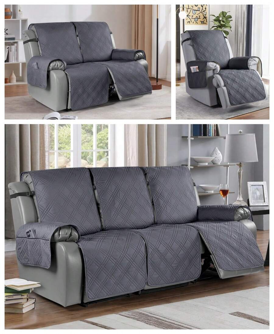 1/2/3 Seat Waterproof Recliner Sofa Cover, Non Slip Recliner Chair Covers, Washable Reclining Outdoor Couch Cover Covers Furniture Protector With Elastic Straps Pocket For Pets, Cats, Dogs - Màu xám đen - Xem 1