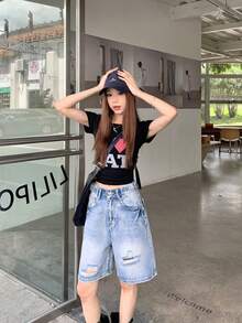 女式腰带设计破洞喇叭裤九分牛仔裤 - 藍色 - 查看 3