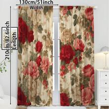 2pcs Glam Style Floral Printed Curtains, Semi-Sheer Polyester Flannel, Machine Washable, Rod Pocket Design, Unlined, Arts & Crafts Theme, With Red And Pink Rose Patterns For Living Room And Bedroom Decor