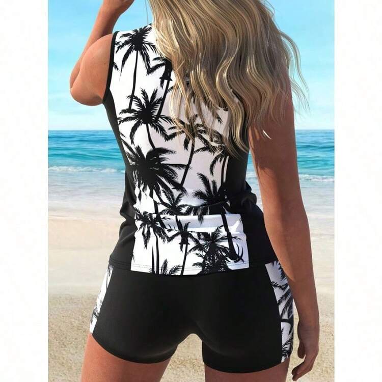 Minimally Casual Split Swimsuit With Flat Corner Pants, Tankini Black And White Coconut Patchwork Print, Slim Fit And Slimming Beach Vacation Swimsuit For Women - 黑色 - 查看 3