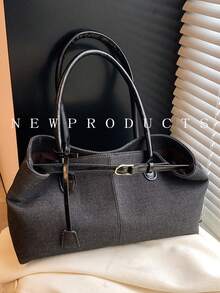 FEISTURE 1 件黑色牛仔布手提包，带肩带装饰，大容量单肩包，带磁扣，适合女孩、女士、大学生、办公室职员和专业人士，非常适合工作、商务、通勤和上学 - 黑色 - 查看 3