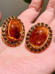 1 Pair Oval Metal & Resin Crystal Earrings, European Style Earrings For Women & Girls, Suitable For Travel, Wedding, Party, Birthday, Christmas Gift - Coffee - View 5