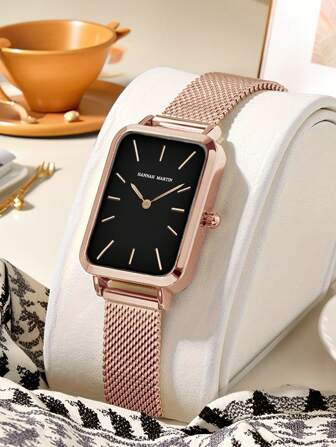 HANNAH MARTIN 1PC Fashion Square Watch 34mm Rose Gold&Silver&Gold&Black Minimalist Style Original Japanese Imported Movement Stainless Steel Mesh Strap Women's Casual Wrist Watch