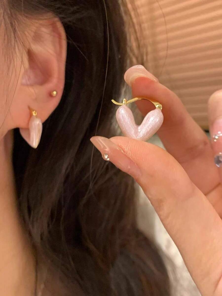 1 par guldpläterade rosa hjärtformade örhängen för kvinnor - söta emaljerade hjärtformade hängande örhängen - moderiktiga estetiska Y2K-smycken, present till alla hjärtans dag-accessoarer - Rosa - Visa 1