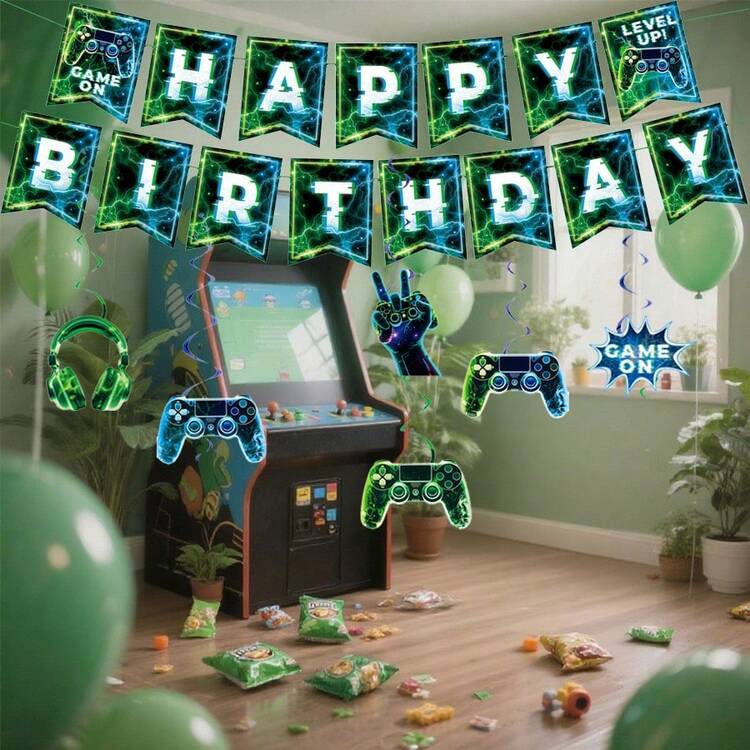 6件套绿色游戏主题生日派对装饰品，纸质游戏机螺旋悬挂装饰，适用于室内外生日庆祝活动 - 彩色 - 查看 3