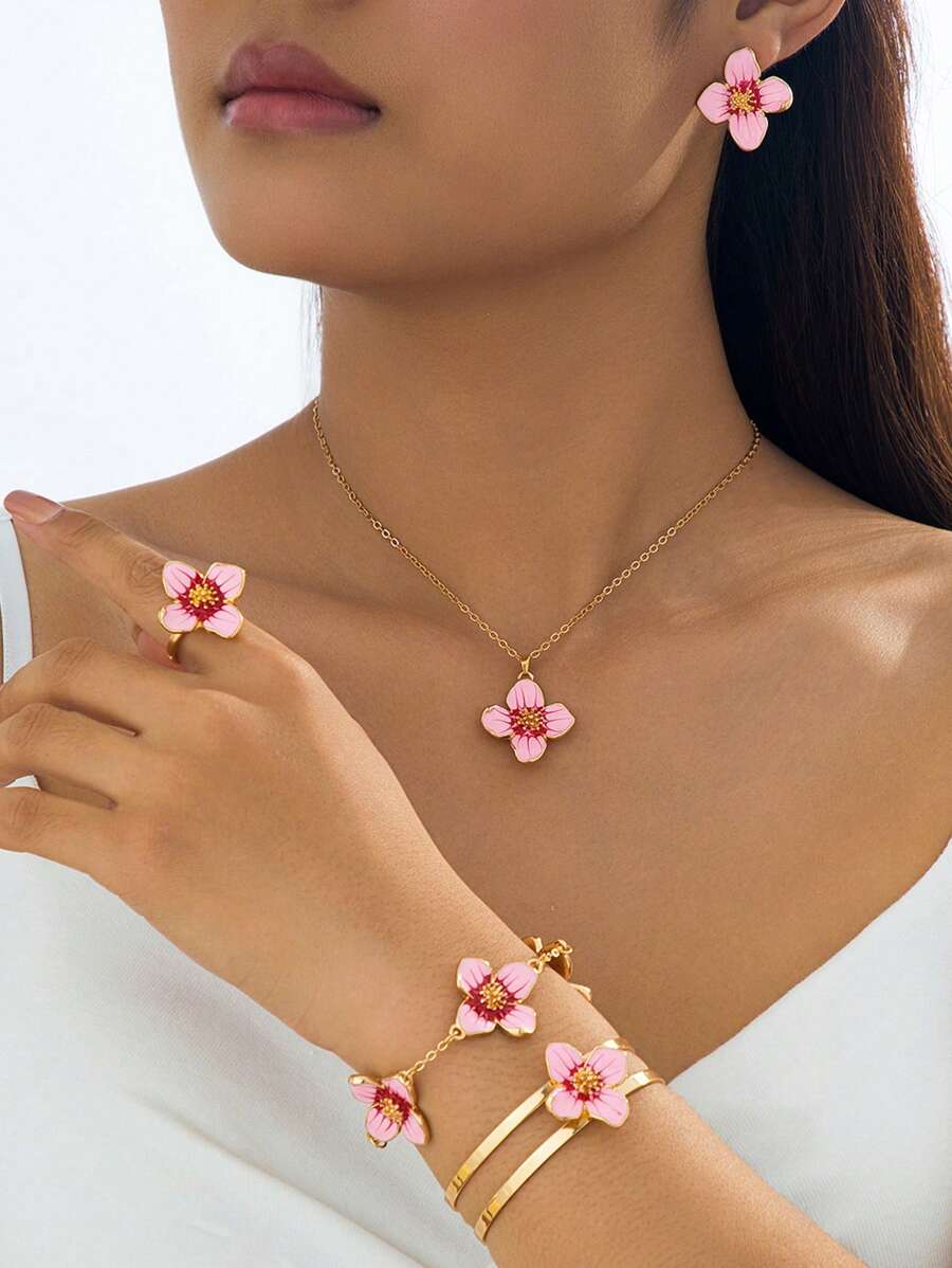 1 conjunto romântico de colar com pingente de flor de quatro folhas pintadas em rosa suave, 1 par de brincos, 1 anel, 1 pulseira, 1 bracelete - conjunto de joias femininas