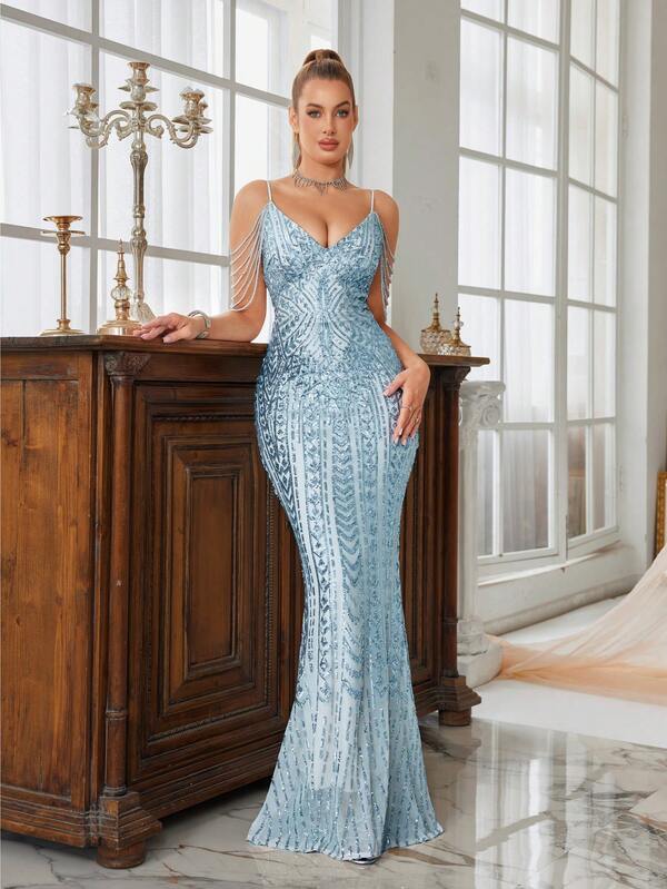 Abito da sera da donna (molto ricamato), vestito da cerimonia formale con paillettes e bretelle, orlo a sirena