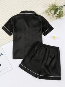 Girls Pajamas, Satin Silky Pjs Set Kids 2Pcs Button-Down Nightwear Sleepwear Gift For Kids - 黑色 - 查看 2