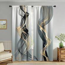 2pcs Of Black And Golden Smoke Pattern Curtains Abstract Geometric Flow Art Line Design Curtains 3D Solid Printing Sunshade Curtains Living Room, Bedroom, Study Balcony, Office Window Decoration Minimalist Style Decoration Creates A Stylish Atmosphere