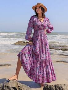 Rusttydustty 大码女式V领收腰休闲印花长连衣裙，适合波西米亚风、海滩、夏威夷音乐节和热带度假。 - 紫色 - 查看 4