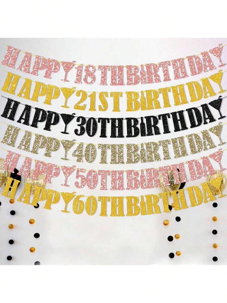 1pc 18/21/30/40/50/60 Rose Gold/Gold/Black/Champagne Gold Glitter Happy Birthday Pull Flag, Anniversary Party Streamer, Rose Gold Champagne Bottle Party Decor