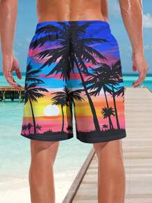 Men's 3D Summer Colorful Sunset Coconut Tree Printed Beach Shorts Vacation,Hawaiian - Multicolor - View 2