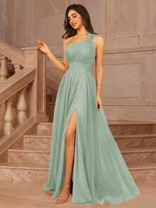 女士不对称单肩交叉领口透视露背A字正式长款伴娘婚礼宾客礼服，适合夏季情人节生日、秋季返校季生日装扮等场合。 - 薄荷綠 - 查看 4