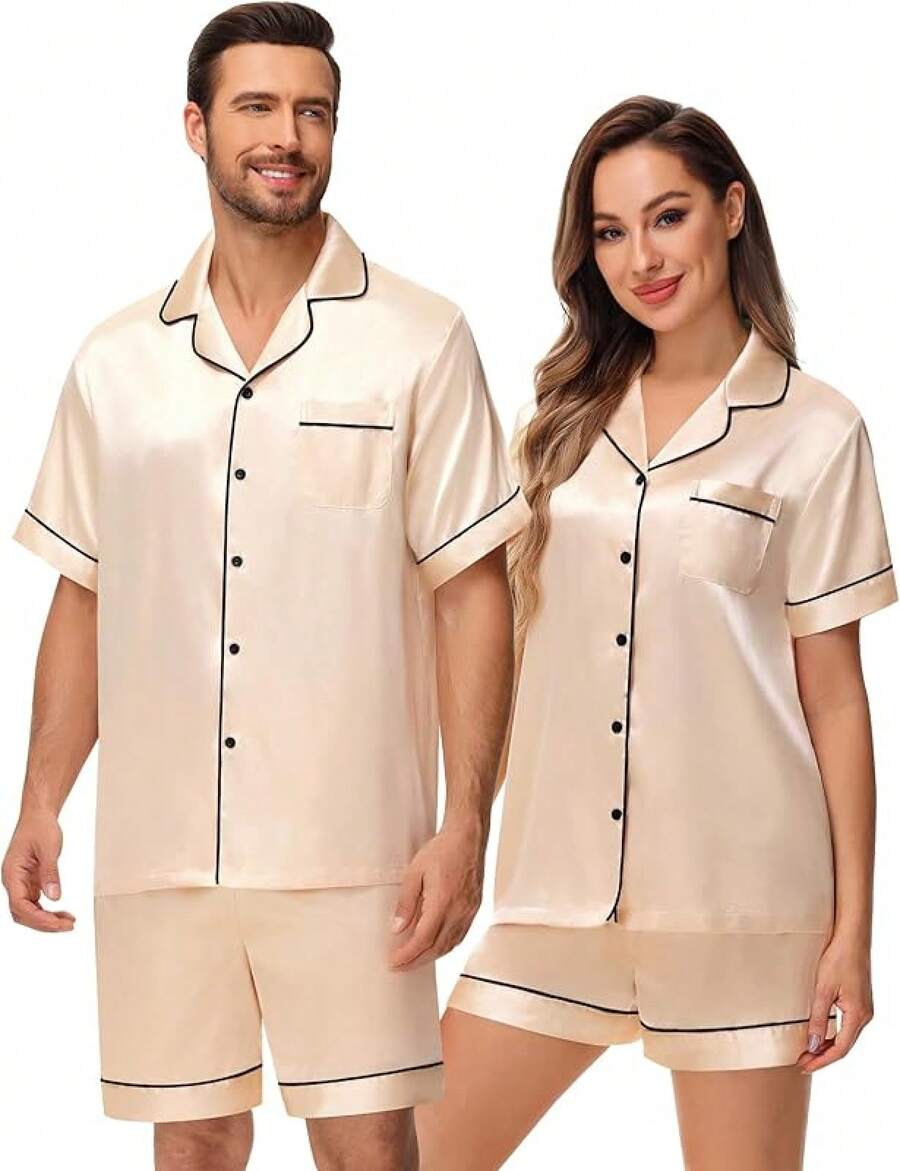 Matching Silk Satin Pajamas Set For Couple Short Sleeve Sleepwear For Women&Men 2pcs Pjs Set Button-Down Nightwear Sethalloween - 香檳色 - 查看 1