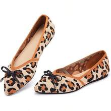 Womens Flat Shoes Classic Pointed Toe Flats Knitted Dress Shoes Soft Comfortable Dressy Flats Women - 豹紋蝴蝶結 - 查看 1