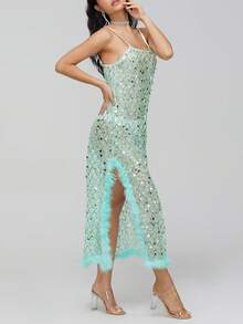 Womens Sheer Long Dress - Spaghetti Strap Backless Sequin Slit Maxi Dress For Beach Party Summer - Blue - View 4