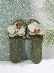 French Floral Strap Slip-On Flat Sandals For Women, New Summer Fashion Casual Outdoor Slide Slippers Suitable For Date, Shopping, Party, Beach Holiday, Home - Army Green - View 5