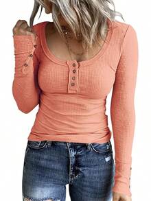 Women's Long Sleeve Henley T Shirts Button Down Slim Fit Tops Scoop Neck Ribbed Knit Shirts/Vacation Outfits Women/Valentine Outfits For Women - 橘色 - 查看 1