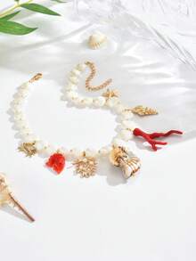1 件优雅时尚女士夏季海洋元素波西米亚珠宝项链，金海星，小鱼，贝壳，海螺，人造珍珠镶嵌，天然贝壳 DIY 串珠，红珊瑚，树脂吊坠，陶瓷彩绘小鱼，精致多层女士项链，适合海滩、派对佩戴。 - 彩色 - 查看 16