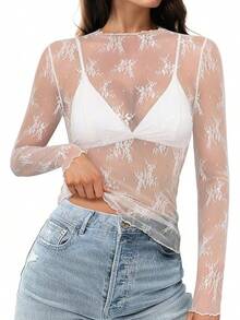 Women's Mesh Sheer Tops Long Sleeve Layering Top Mock Neck See Through Floral Lace Shirt Blouse - 白色 - 查看 1