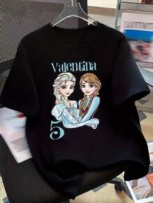 Women's Casual Short Sleeve T-Shirt - Cute Cartoon Characters And Floral Print, Soft Stretch Crew Neck Tee, Machine Washable, Playful Graphics, Premium Casual Wear - 黑色 - 查看 1