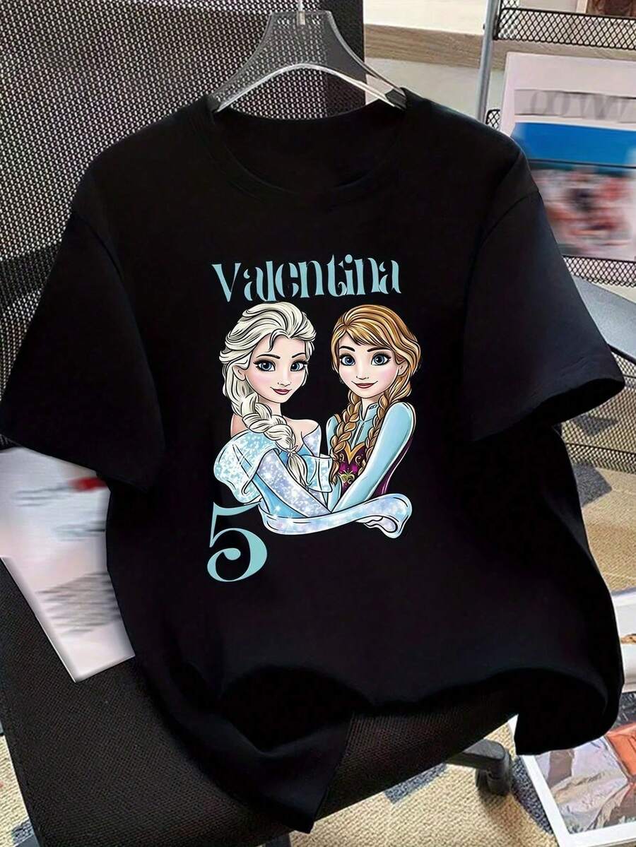 Women's Casual Short Sleeve T-Shirt - Cute Cartoon Characters And Floral Print, Soft Stretch Crew Neck Tee, Machine Washable, Playful Graphics, Premium Casual Wear - 黑色 - 查看 1