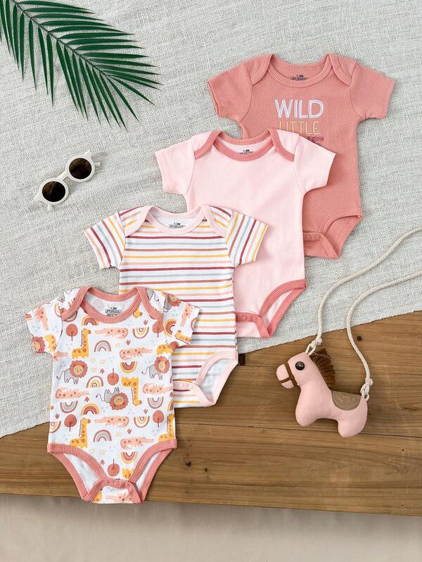 4件套婴儿男女宝宝0-12个月纯棉休闲短袖可爱卡通连体衣四季皆宜