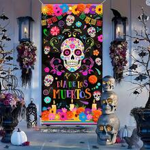 Pancarta plana 2D, 1 pieza, 70,87 x 35,43 pulgadas, Bandera decorativa del Día de Muertos mexicano, calavera colorida y bandera floral para decoración interior y exterior, ideal para porche, patio, garaje y decoración del hogar