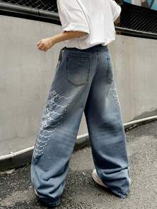 1 pieza Jeans de pierna ancha y ajuste holgado con bordado retro estilo americano, pantalones casuales de calle alta personalizados con remaches y perlas, unisex (cinturón y accesorios no incluidos) - Azul - Ver 2