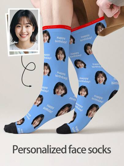 1 Pair Of Customized Face Men's Mid Tube Socks, Put Any Face On Socks, Personalized Socks For With Photos, Interesting Customized Picture Pairs With Medium To Long Socks, Suitable For Valentine's Day, Birthdays, Gift Giving, Other Occasions,Personalized